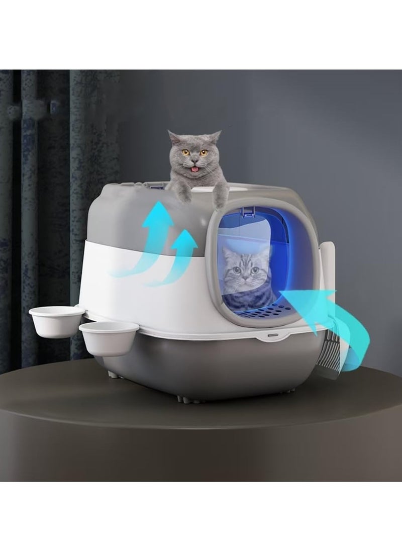 UV Extra Large Space Cat Litter Box， Foldable Cat Litter Box with Lid Large Covered Cat Litter Box Enclosed Litter Box with Scoop and Bowl Anti-Splashing Kitty Litter Pan Closed Cat Toilet