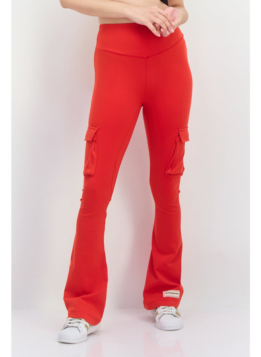 Women Regular Fit Plain Cargo Pocket Flare Pants, Red