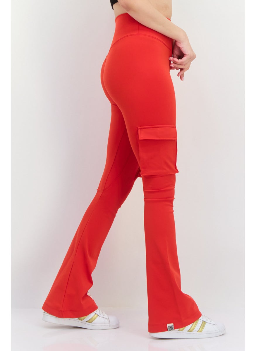 Women Regular Fit Plain Cargo Pocket Flare Pants, Red