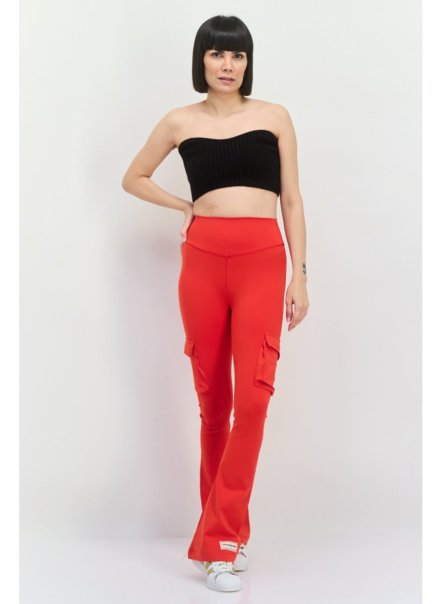 Women Regular Fit Plain Cargo Pocket Flare Pants, Red