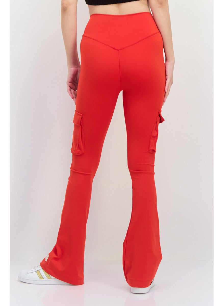 Women Regular Fit Plain Cargo Pocket Flare Pants, Red
