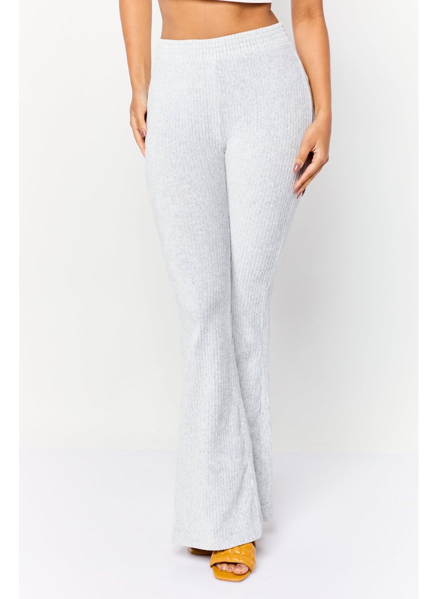 Women Regular Fit Wide Leg Ribbed Pants, Grey