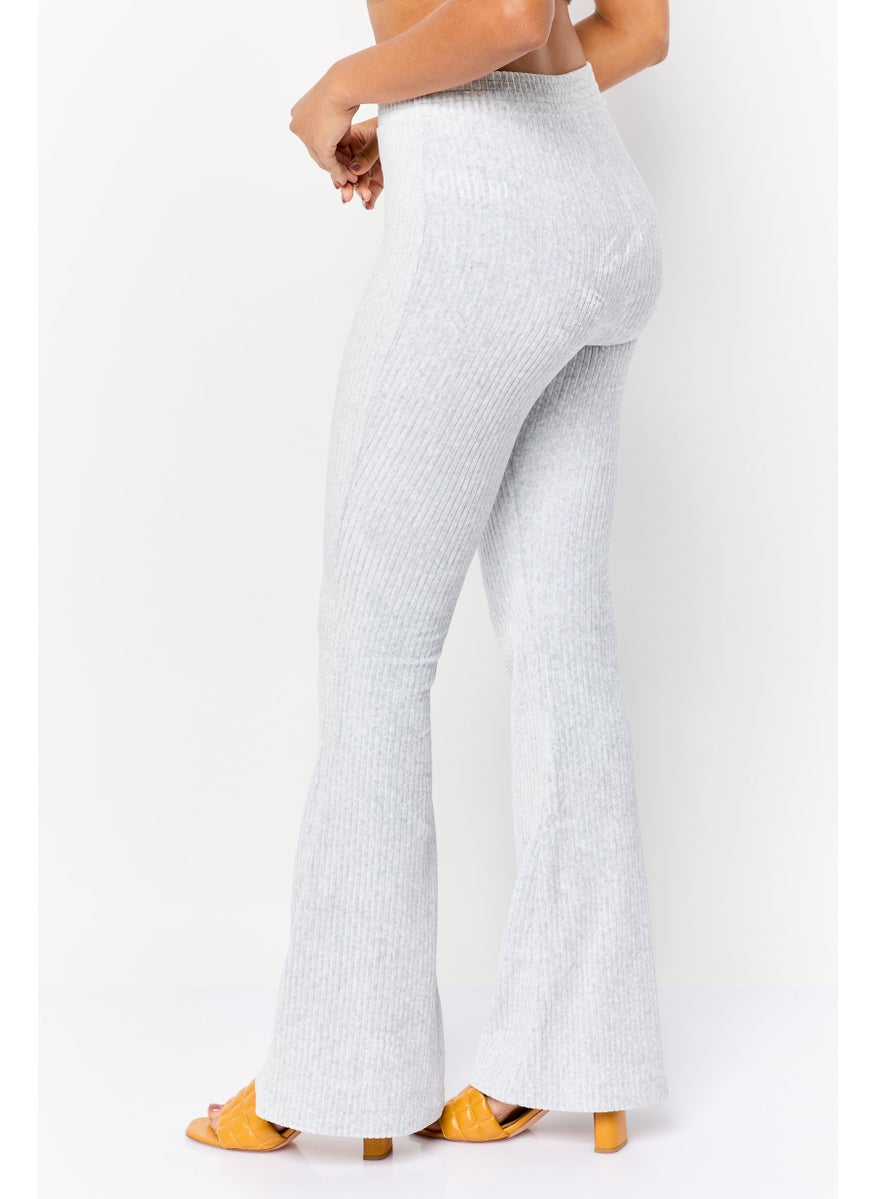 Women Regular Fit Wide Leg Ribbed Pants, Grey