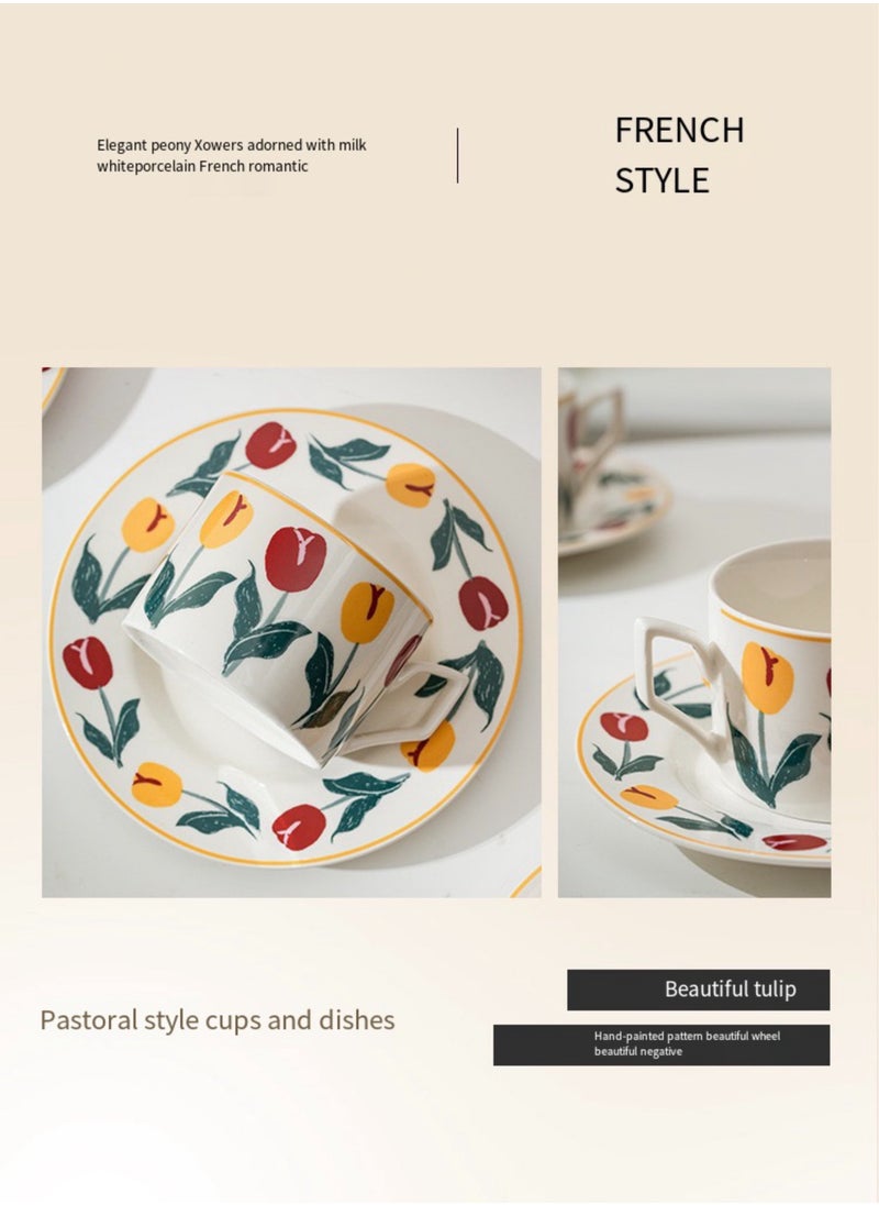 Vintage Tulip Floral Coffee Mug With Saucer Set, Hand-Painted 220ml British Style Tea Cup,Porcelain Modern Water Cup For Office And Home, Gift Box For Mother's Day Or Birthday.