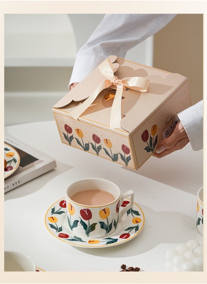 Vintage Tulip Floral Coffee Mug With Saucer Set, Hand-Painted 220ml British Style Tea Cup,Porcelain Modern Water Cup For Office And Home, Gift Box For Mother's Day Or Birthday.