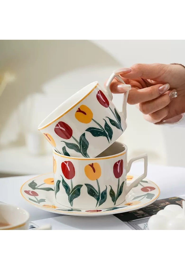 Vintage Tulip Floral Coffee Mug With Saucer Set, Hand-Painted 220ml British Style Tea Cup,Porcelain Modern Water Cup For Office And Home, Gift Box For Mother's Day Or Birthday.