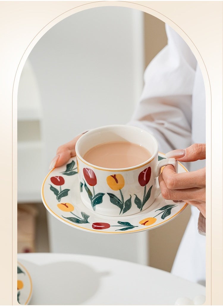 Vintage Tulip Floral Coffee Mug With Saucer Set, Hand-Painted 220ml British Style Tea Cup,Porcelain Modern Water Cup For Office And Home, Gift Box For Mother's Day Or Birthday.