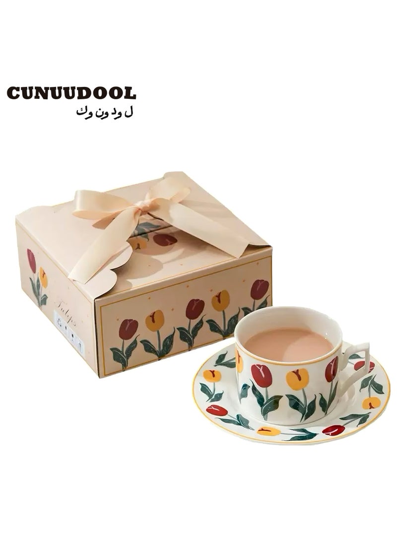 Vintage Tulip Floral Coffee Mug With Saucer Set, Hand-Painted 220ml British Style Tea Cup,Porcelain Modern Water Cup For Office And Home, Gift Box For Mother's Day Or Birthday.