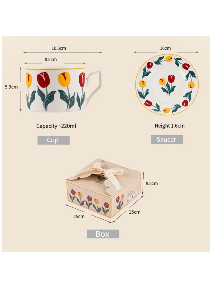 Vintage Tulip Floral Coffee Mug With Saucer Set, Hand-Painted 220ml British Style Tea Cup,Porcelain Modern Water Cup For Office And Home, Gift Box For Mother's Day Or Birthday.