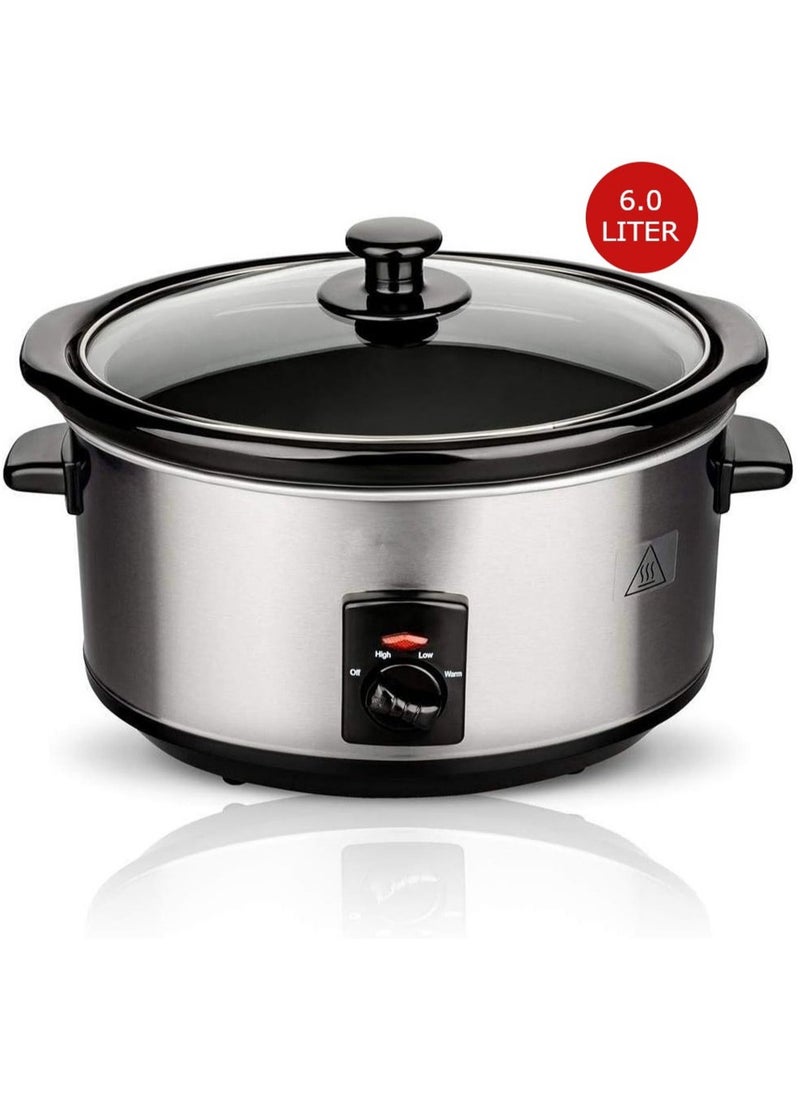 Slowcooker - 6 Liters - With Removable Ceramic Inner Pan - PFAS Free - 320W - Keep Warm Function - Stainless Steel SLC1013