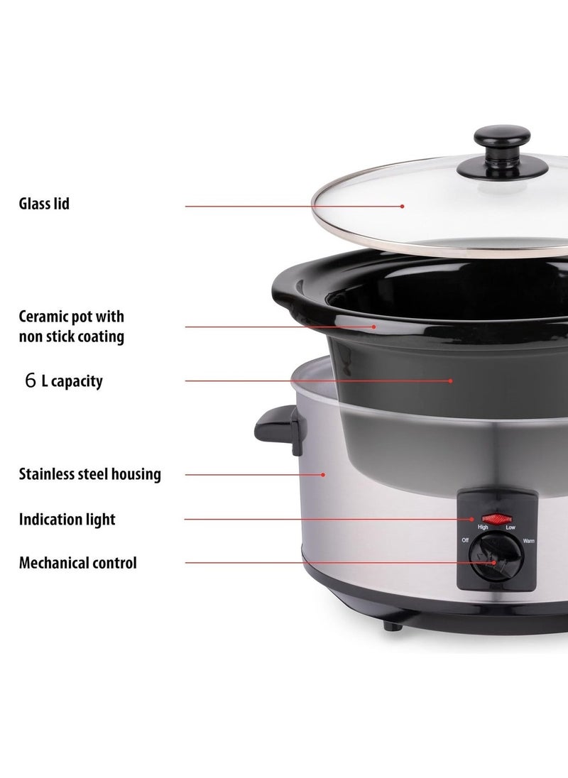 Slowcooker - 6 Liters - With Removable Ceramic Inner Pan - PFAS Free - 320W - Keep Warm Function - Stainless Steel SLC1013