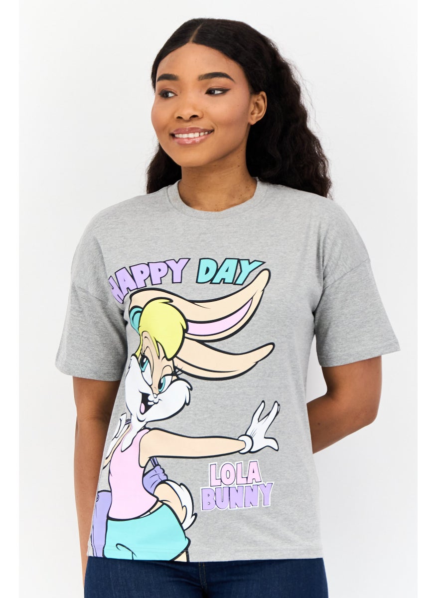 Women Crew Neck Short Sleeve Graphic Print T-Shirt, Grey