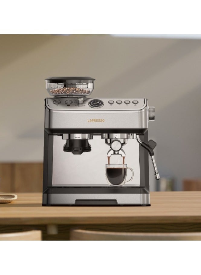 Dual Boiler Espresso Coffee Machine with Conical Adjustable Grinder and Steamer 20 Bar/Coffee Maker with Milk Frother / Automatic Shutdown / Hot Water Dispenser / Water Tank Capacity - Silver