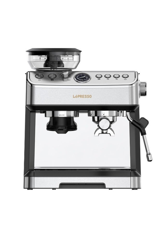 Dual Boiler Espresso Coffee Machine with Conical Adjustable Grinder and Steamer 20 Bar/Coffee Maker with Milk Frother / Automatic Shutdown / Hot Water Dispenser / Water Tank Capacity - Silver
