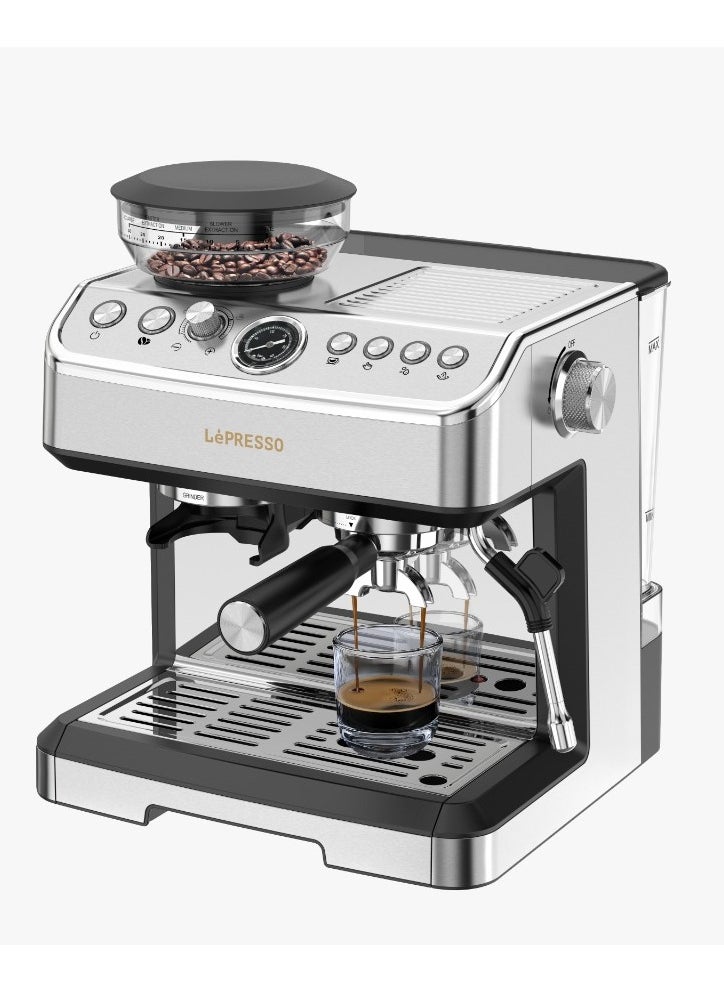 Dual Boiler Espresso Coffee Machine with Conical Adjustable Grinder and Steamer 20 Bar/Coffee Maker with Milk Frother / Automatic Shutdown / Hot Water Dispenser / Water Tank Capacity - Silver