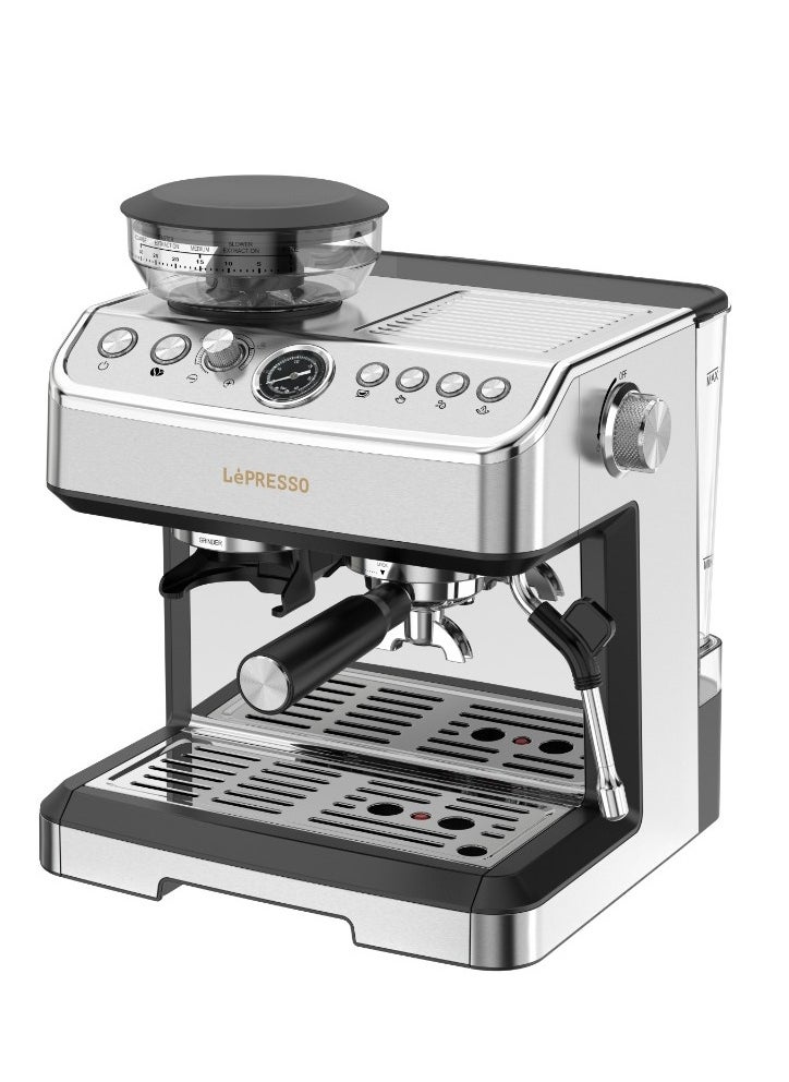 Dual Boiler Espresso Coffee Machine with Conical Adjustable Grinder and Steamer 20 Bar/Coffee Maker with Milk Frother / Automatic Shutdown / Hot Water Dispenser / Water Tank Capacity - Silver