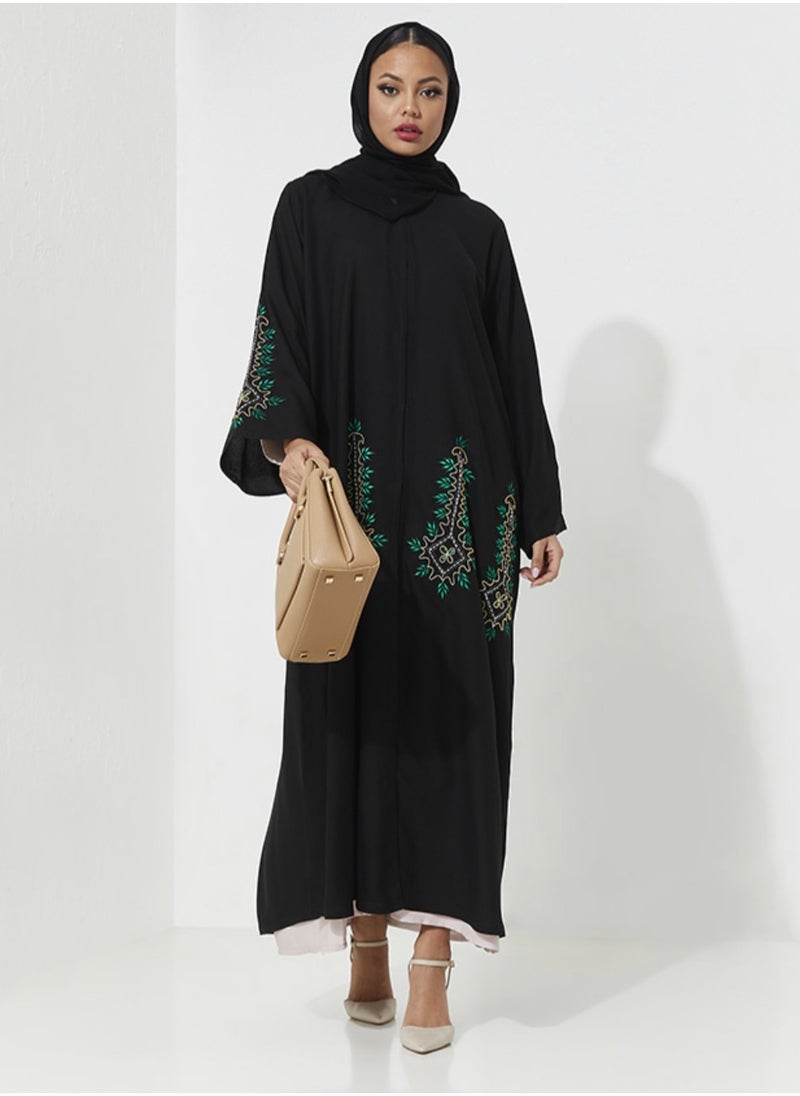 Abaya with Embroidery Green Design Wide Sleeve