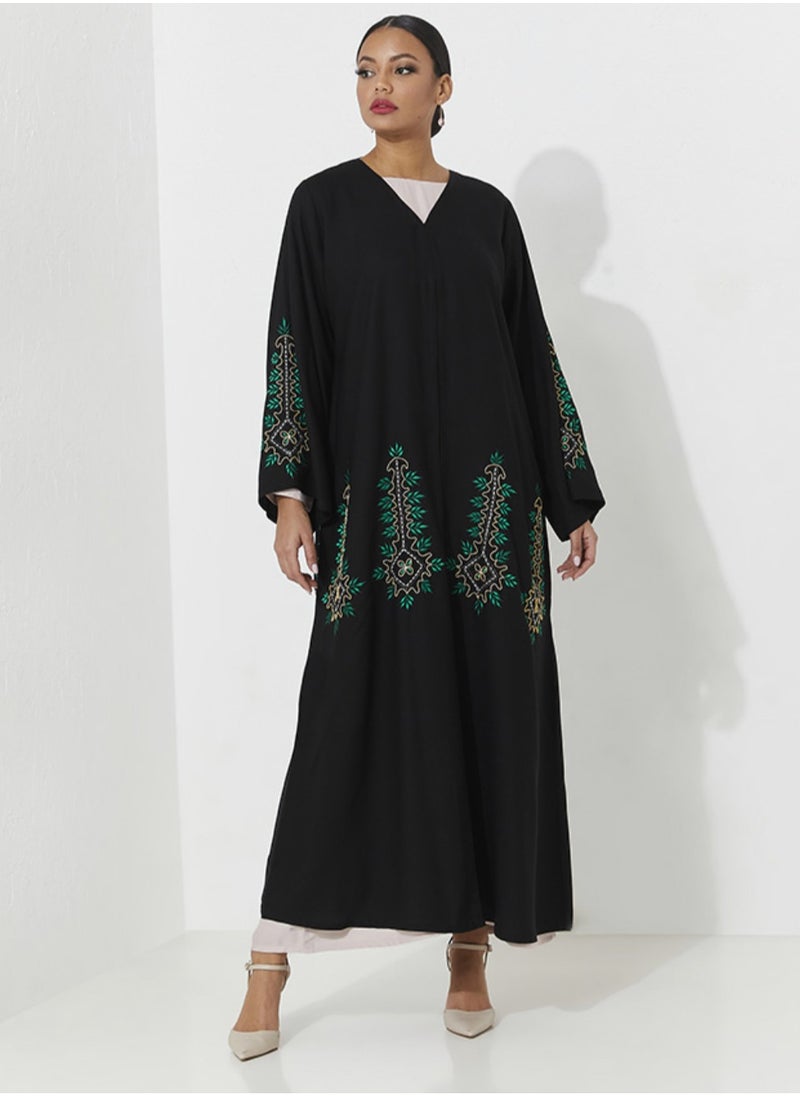 Abaya with Embroidery Green Design Wide Sleeve