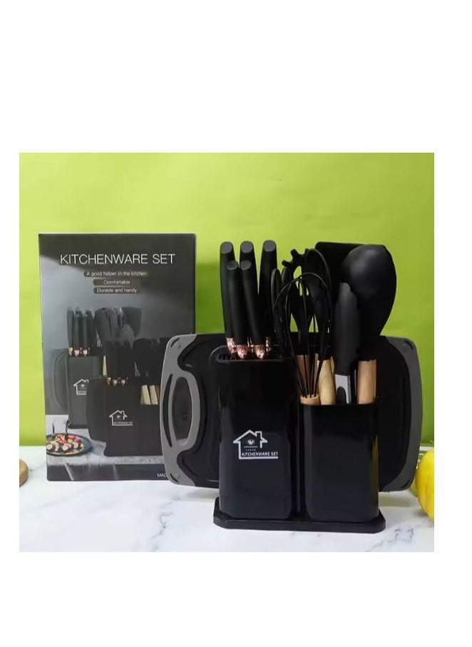 19-Piece Silicone Kitchen Utensil Set, Cutting Board & Holder – Heat Resistant, Nonstick, Durable – Available in Black – Complete Cooking and Baking Set