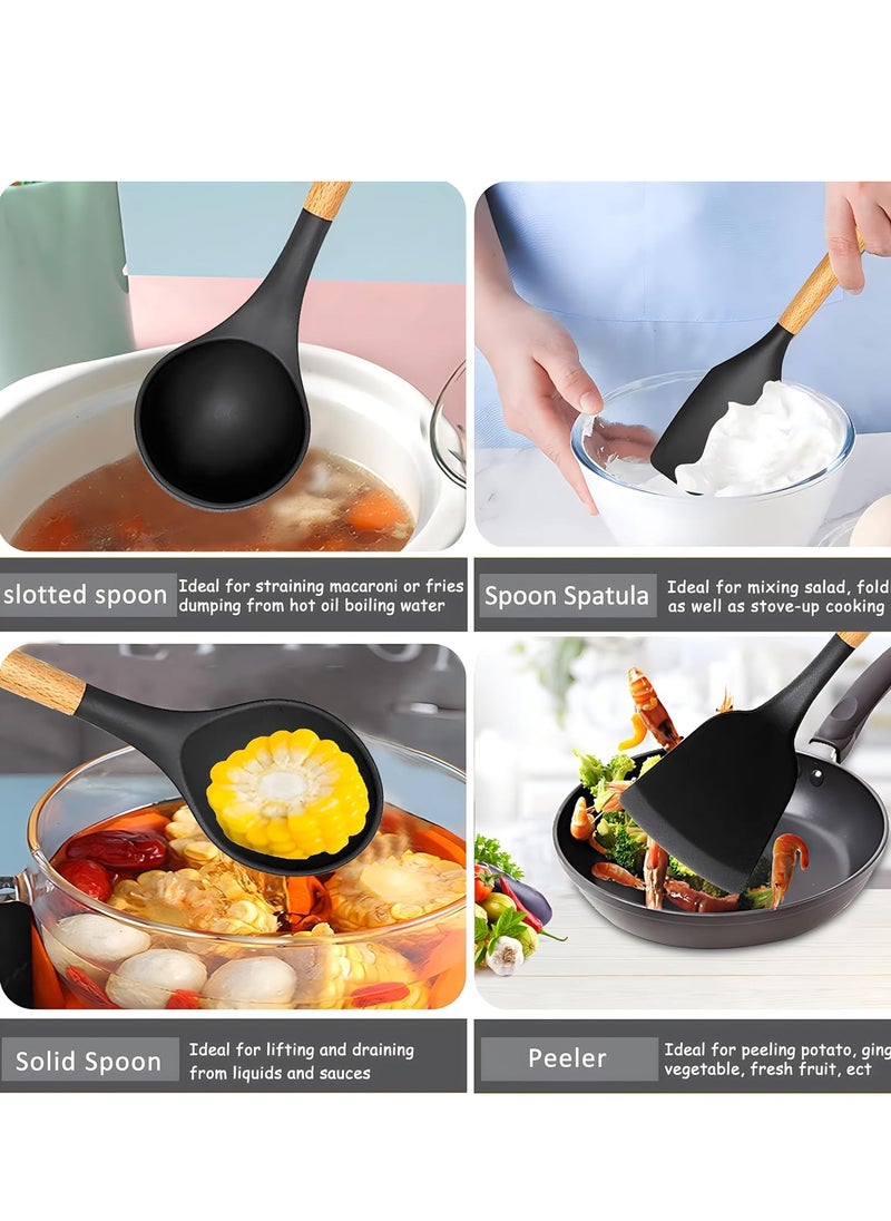 19-Piece Silicone Kitchen Utensil Set, Cutting Board & Holder – Heat Resistant, Nonstick, Durable – Available in Black – Complete Cooking and Baking Set
