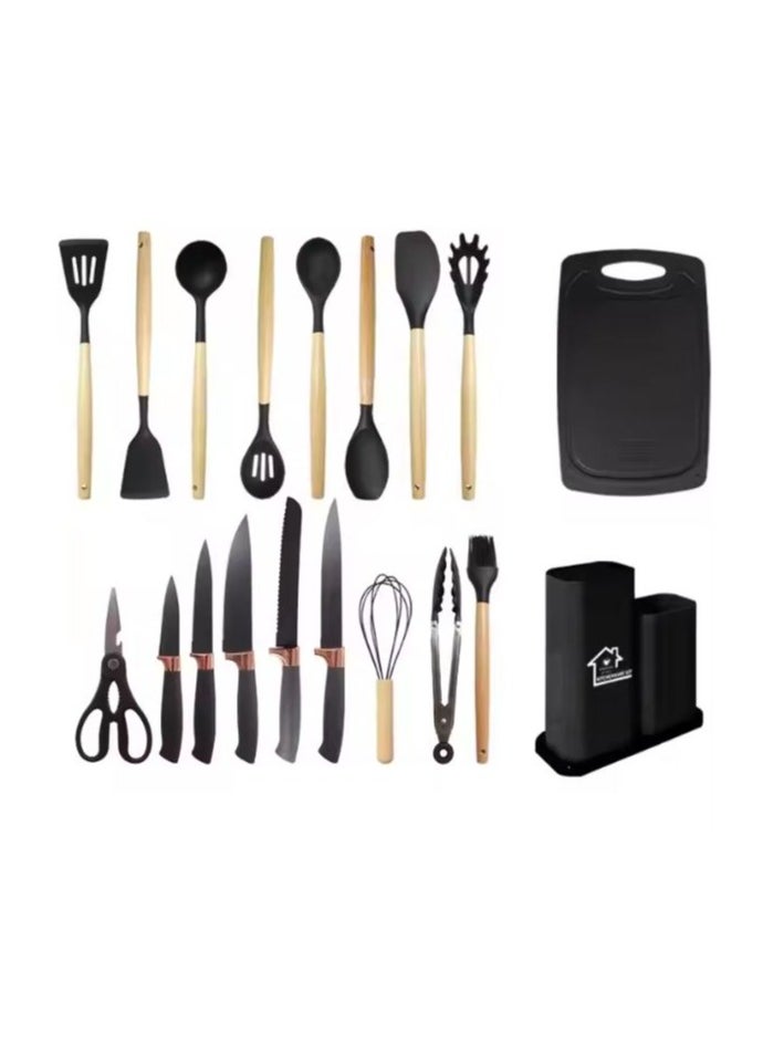 19-Piece Silicone Kitchen Utensil Set, Cutting Board & Holder – Heat Resistant, Nonstick, Durable – Available in Black – Complete Cooking and Baking Set