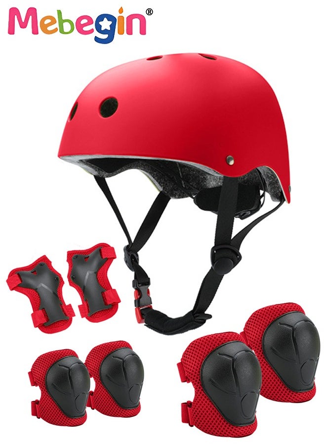 7 Pcs Multi-Sport Protective Gear Set with Adjustable Helmet Knee and Elbow Pads Wrist Guards fit for Multi Sports Scooter, Skateboarding, Biking, Roller Skating Red