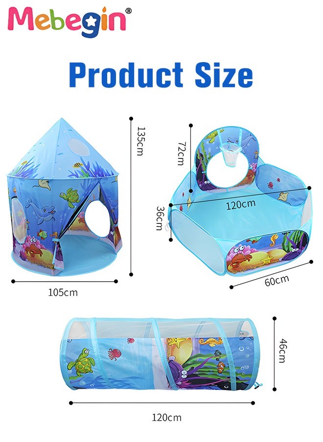 3pc Kids Play Tent for Kids with Ball Pit Basketball Hoop, Crawl Tunnel, Princess Tents for Toddlers, Baby Sea World Playhouse Toys, Boys Girls Indoor Outdoor Play House, Perfect Kid's Gifts Blue