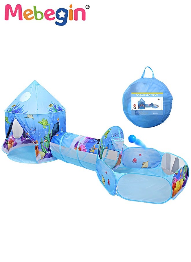 3pc Kids Play Tent for Kids with Ball Pit Basketball Hoop, Crawl Tunnel, Princess Tents for Toddlers, Baby Sea World Playhouse Toys, Boys Girls Indoor Outdoor Play House, Perfect Kid's Gifts Blue