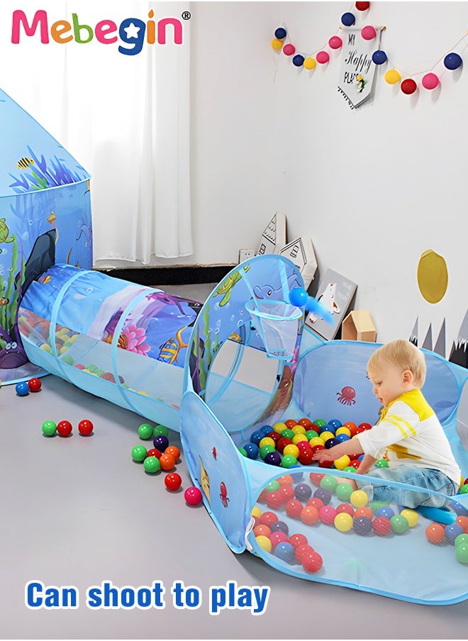 3pc Kids Play Tent for Kids with Ball Pit Basketball Hoop, Crawl Tunnel, Princess Tents for Toddlers, Baby Sea World Playhouse Toys, Boys Girls Indoor Outdoor Play House, Perfect Kid's Gifts Blue