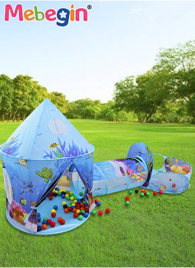 3pc Kids Play Tent for Kids with Ball Pit Basketball Hoop, Crawl Tunnel, Princess Tents for Toddlers, Baby Sea World Playhouse Toys, Boys Girls Indoor Outdoor Play House, Perfect Kid's Gifts Blue