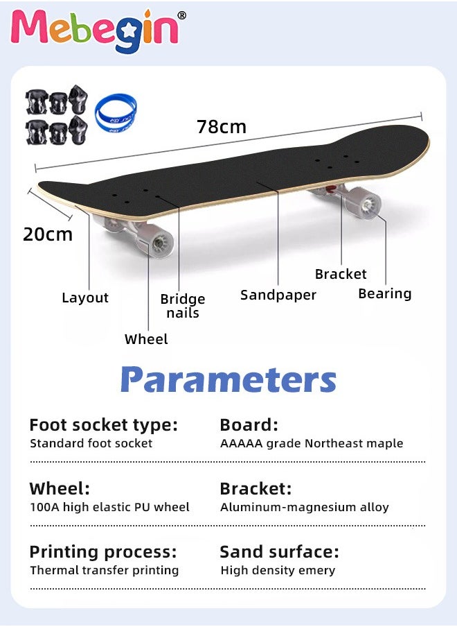 78*20cm Skateboard Set with Storage Bag and 6PCS Protect Gear, 7-ply Maple Deck Skate Board with Durable Deck and Smooth Wheels, Easy to Ride and Stop, Suitable for All Types of People