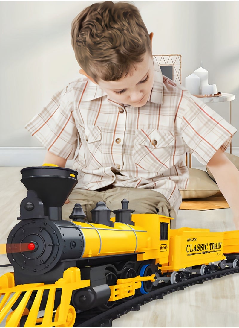 Electric Model Train Set for Kids, Engine Cargo Car with Long Track, Classic Train Set with Sound Battery-Powered Toy Gift for Kids Boys Girls Age 3+,Yellow