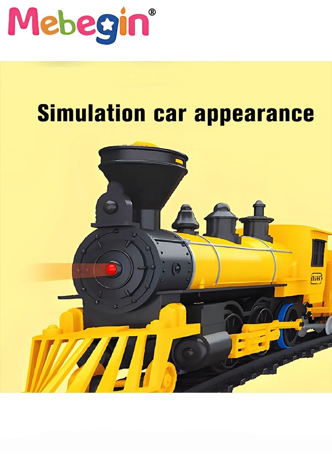 Electric Model Train Set for Kids, Engine Cargo Car with Long Track, Classic Train Set with Sound Battery-Powered Toy Gift for Kids Boys Girls Age 3+,Yellow