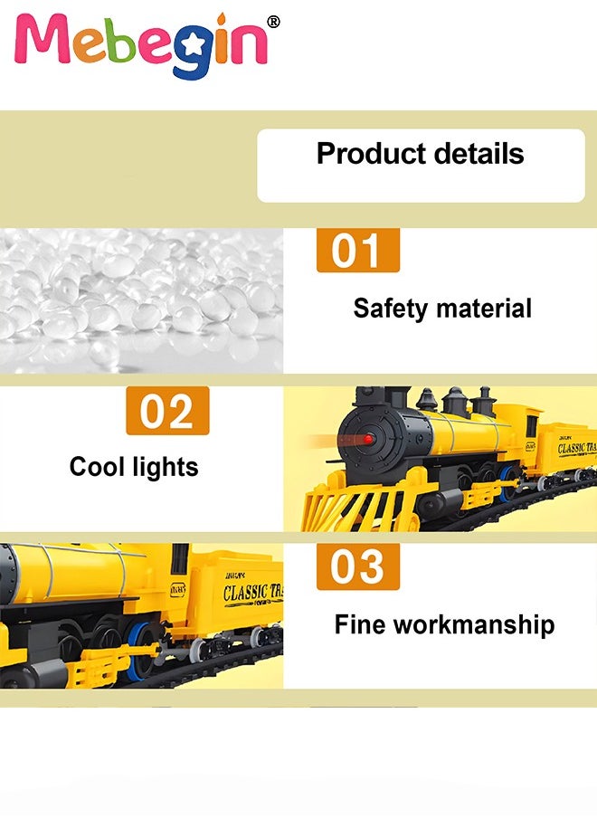 Electric Model Train Set for Kids, Engine Cargo Car with Long Track, Classic Train Set with Sound Battery-Powered Toy Gift for Kids Boys Girls Age 3+,Yellow