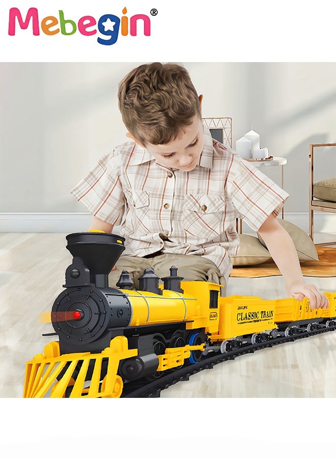 Electric Model Train Set for Kids, Engine Cargo Car with Long Track, Classic Train Set with Sound Battery-Powered Toy Gift for Kids Boys Girls Age 3+,Yellow