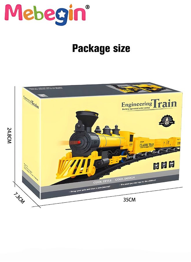 Electric Model Train Set for Kids, Engine Cargo Car with Long Track, Classic Train Set with Sound Battery-Powered Toy Gift for Kids Boys Girls Age 3+,Yellow
