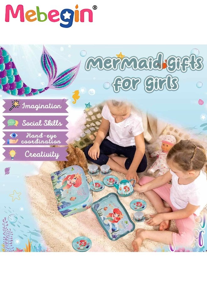 48pc Mermaid Tea Party Set for Little Girls,Birthday Gifts for Age 3 4 5 6 Year Old Girls,Pretend Tin Teapot, Cups, Plates,and Food Sweet Treats Playset for Princess Tea Time Play Kitchen Toys