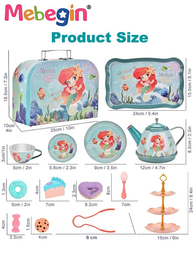 48pc Mermaid Tea Party Set for Little Girls,Birthday Gifts for Age 3 4 5 6 Year Old Girls,Pretend Tin Teapot, Cups, Plates,and Food Sweet Treats Playset for Princess Tea Time Play Kitchen Toys