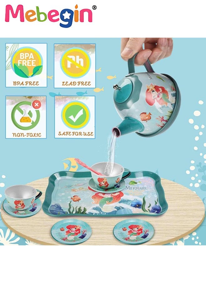 48pc Mermaid Tea Party Set for Little Girls,Birthday Gifts for Age 3 4 5 6 Year Old Girls,Pretend Tin Teapot, Cups, Plates,and Food Sweet Treats Playset for Princess Tea Time Play Kitchen Toys