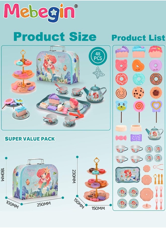 48pc Mermaid Tea Party Set for Little Girls,Birthday Gifts for Age 3 4 5 6 Year Old Girls,Pretend Tin Teapot, Cups, Plates,and Food Sweet Treats Playset for Princess Tea Time Play Kitchen Toys