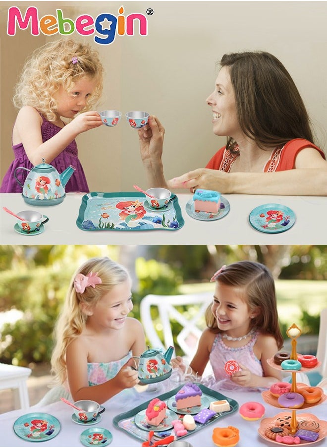 48pc Mermaid Tea Party Set for Little Girls,Birthday Gifts for Age 3 4 5 6 Year Old Girls,Pretend Tin Teapot, Cups, Plates,and Food Sweet Treats Playset for Princess Tea Time Play Kitchen Toys