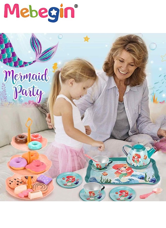48pc Mermaid Tea Party Set for Little Girls,Birthday Gifts for Age 3 4 5 6 Year Old Girls,Pretend Tin Teapot, Cups, Plates,and Food Sweet Treats Playset for Princess Tea Time Play Kitchen Toys