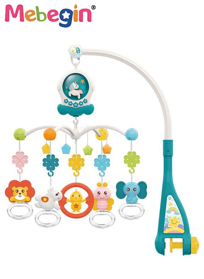 Baby Crib Mobile with Lights, Music and Teether Rattle, Universal Crib Attachment, Adorable crib hanging toys, Multifunctional Hanging Toys, Ideal Nursery Toy for Babies, 3 AA Batteries Required(Not