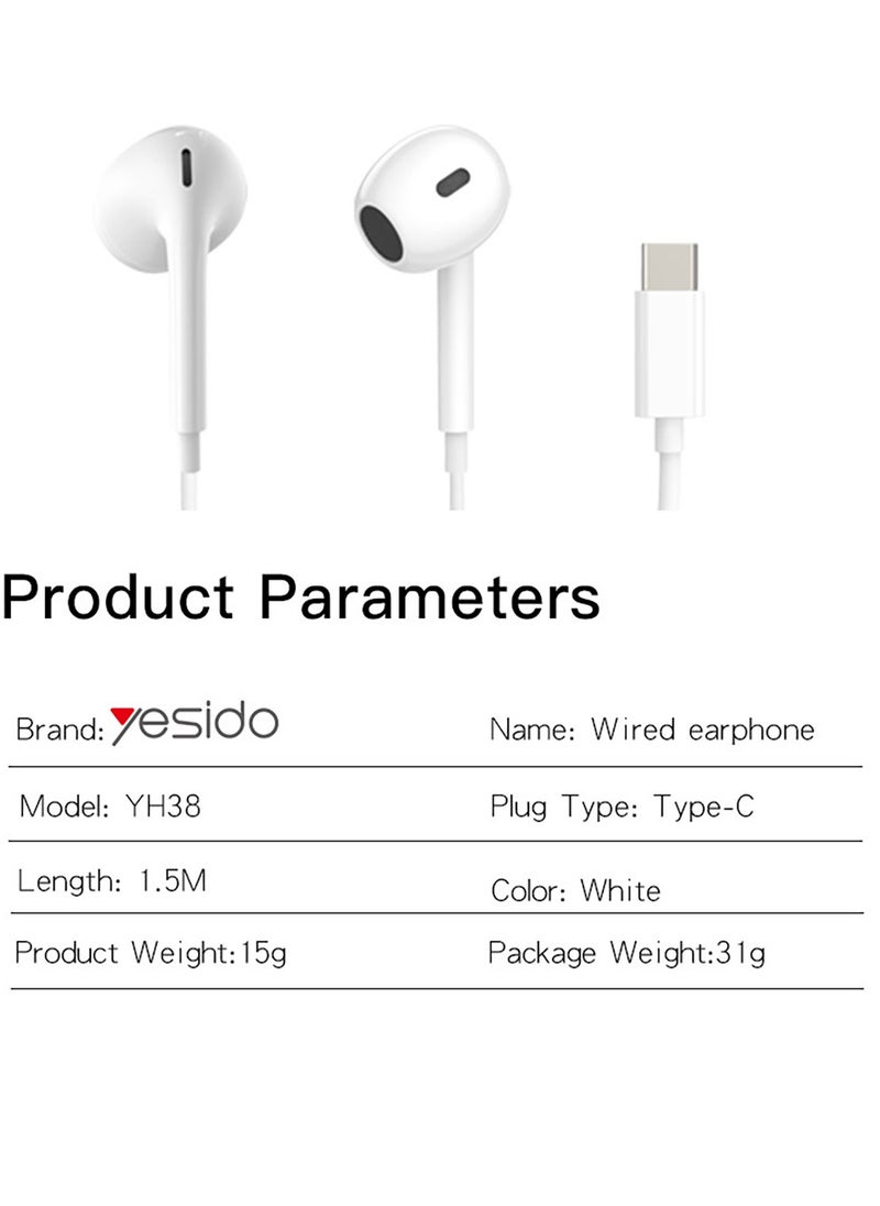 YH38 Earphone For Phone High Quality Sound Earphones With Microphone Wired Headset Type-C Earbuds White