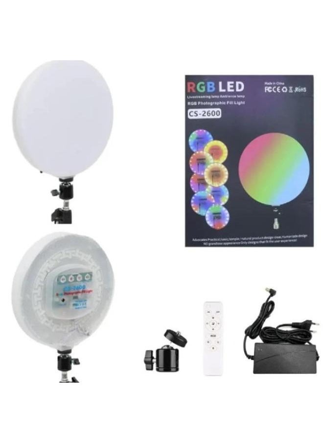 RGB LED Fill Light CS-2600 | 26CM Dimmable Photography Ring Light with 360° Adjustable Design, Remote Control, USB Powered for Makeup, Live Streaming, and Content Creation