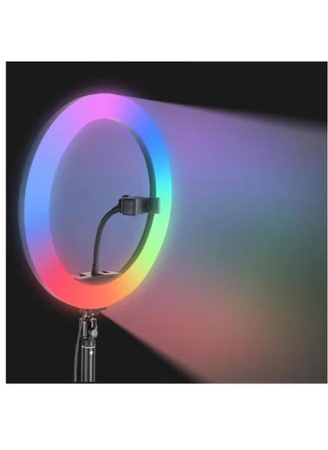 MJ45 RGB LED Ring Light with Adjustable Tripod Stand and Phone Holder – Dimmable Lighting for Photography, Vlogging, Live Streaming, and Makeup