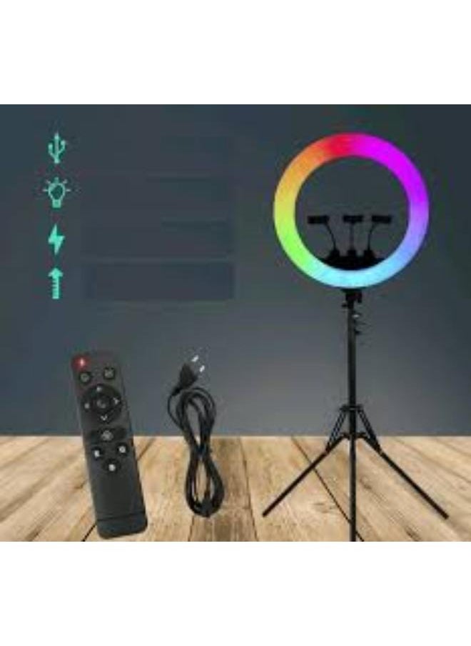 MJ56 RGB LED Ring Light with Adjustable Tripod and Phone Holder – Dimmable 26cm Light for Photography, Makeup, Vlogging, and Live Streaming