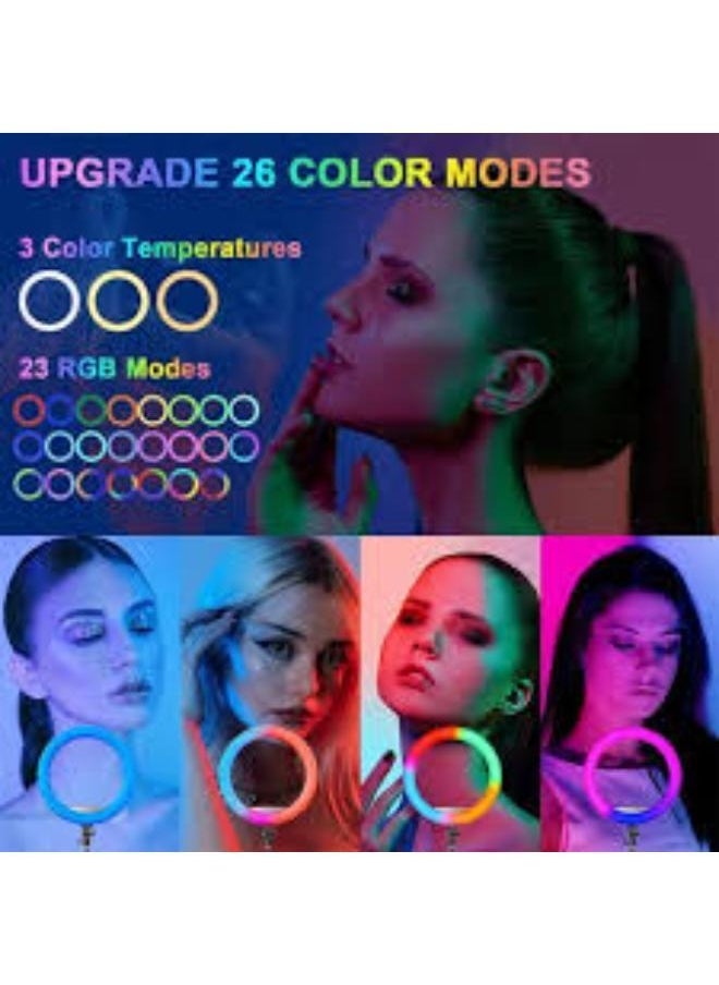 MJ56 RGB LED Ring Light with Adjustable Tripod and Phone Holder – Dimmable 26cm Light for Photography, Makeup, Vlogging, and Live Streaming