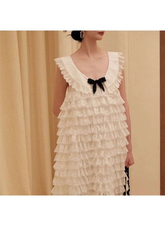 Sweet Lace Sleeveless Round Neck Tiered Cake Maxi Dress