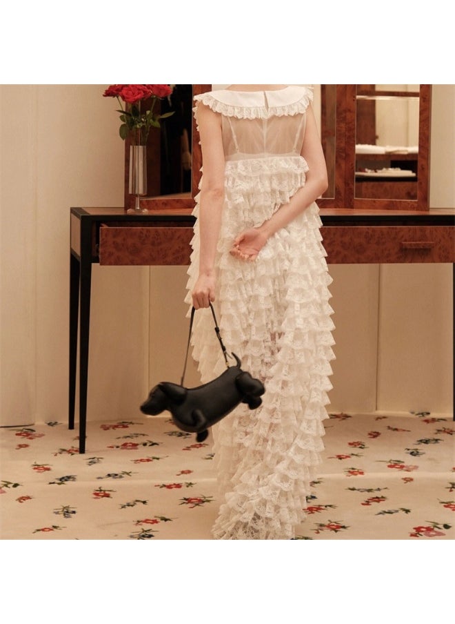 Sweet Lace Sleeveless Round Neck Tiered Cake Maxi Dress